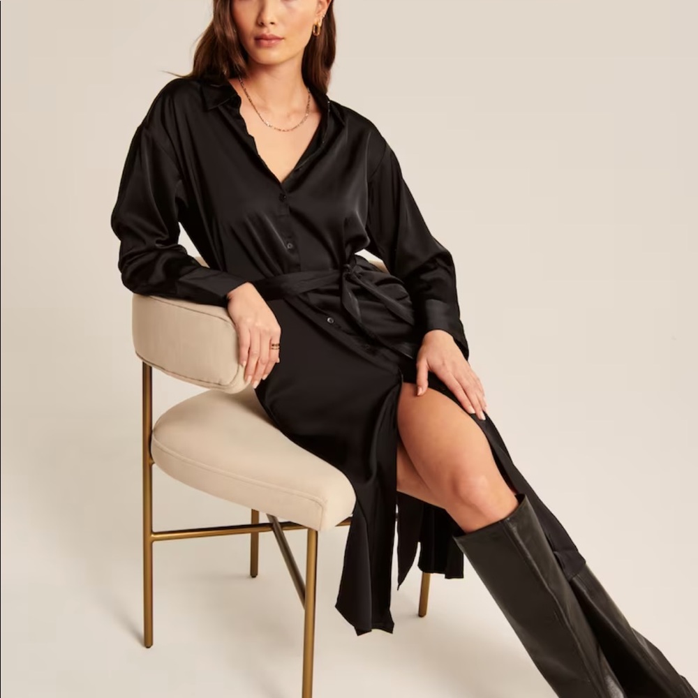 Long Sleeve Satin Midi Shirt Dress - Abercrombie & Fitch